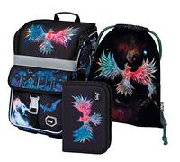 Baagl Schulranzen Jungen Mädchen Set 3 Teilig - Zippy Schultasche für 1. Klasse - Grundschule Ranzen Tornister mit Brustgurt - Ergonomischer Schulrucksack (Phönix)