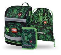 Baagl Schulranzen Jungen Mädchen Set 3 Teilig (Zippy Schultasche für 1. Klasse, Mäppchen, Turnbeutel), Grundschule Ranzen mit Brustgurt, Hüftgurt, Ergonomischer Schulrucksack, 21 l (Minecraft Boom)