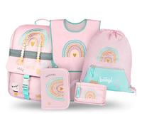 Baagl Schulranzen Jungen Mädchen Set 5 Teilig (Zippy Schultasche für 1. Klasse, Mäppchen, Turnbeutel, Schürze, Brustbeutel), Grundschule Ranzen, Ergonomischer Schulrucksack, 18 l