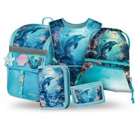 Baagl Schulranzen Jungen Mädchen Set 5 Teilig (Zippy Schultasche für 1. Klasse, Mäppchen, Turnbeutel, Schürze, Brustbeutel), Grundschule Ranzen, Ergonomischer Schulrucksack, 18 l (Delfin)