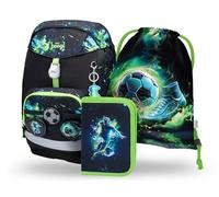 Baagl Schulranzen Jungen Set 3 Teilig (Airy Plus Schultasche für 1. Klasse, Mäppchen, Turnbeutel), Grundschule Ranzen, Ergonomischer Schulrucksack Vorschule - 25 l (Fußball)