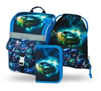 Baagl Schulranzen Jungen Set 3 Teilig, Zippy Schultasche für 1. Klasse, Grundschule Ranzen Tornister mit Brustgurt, Ergonomischer Schulrucksack (Rennauto)