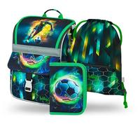 Baagl Schulranzen Jungen Set 3 Teilig, Zippy Schultasche für 1. Klasse, Grundschule Ranzen Tornister mit Brustgurt, Ergonomischer Schulrucksack (Fußballspieler)