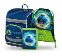 Baagl Schulranzen Jungen Set 3 Teilig (Zippy Schultasche für 1. Klasse, Mäppchen, Turnbeutel), Grundschule Ranzen mit Brustgurt, Hüftgurt, Ergonomischer Schulrucksack, 21 l (Fußball Ball)
