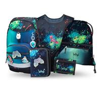 Baagl Schulranzen Jungen Set 5 Teilig (Airy Plus Schultasche für 1. Klasse, Mäppchen, Turnbeutel, Schürze, Brustbeutel), Grundschule Ranzen, Ergonomischer Schulrucksack, 25 l (Chill)