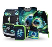 Baagl Schulranzen Jungen Set 5 Teilig (Airy Plus Schultasche für 1. Klasse, Mäppchen, Turnbeutel, Schürze, Brustbeutel), Grundschule Ranzen, Ergonomischer Schulrucksack, 25 l (Fußball)
