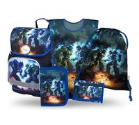 Baagl Schulranzen Jungen Set 5 Teilig (Ergo Schultasche für 1. Klasse, Mäppchen, Turnbeutel, Schürze, Brustbeutel), Grundschule Ranzen, Ergonomischer Schulrucksack, 19 l (Roboter)