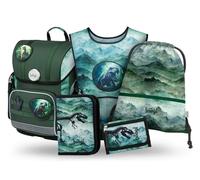 Baagl Schulranzen Jungen Set 5 Teilig (Ergo Schultasche für 1. Klasse, Mäppchen, Turnbeutel, Schürze, Brustbeutel), Grundschule Ranzen, Ergonomischer Schulrucksack, 19 l (Dino)