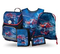 Baagl Schulranzen Jungen Set 5 Teilig (Ergo Schultasche für 1. Klasse, Mäppchen, Turnbeutel, Schürze, Brustbeutel), Grundschule Ranzen, Ergonomischer Schulrucksack, 19 l (Lebensretter)