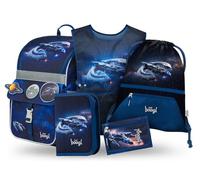 Baagl Schulranzen Jungen Set 5 Teilig (Zippy Schultasche für 1. Klasse, Mäppchen, Turnbeutel, Schürze, Brustbeutel), Grundschule Ranzen, Ergonomischer Schulrucksack, 18 l (Space Ship)