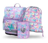 Baagl Schulranzen Mädchen Set 3 Teilig, Ergo Schultasche für 1. Klasse, Ergonomische Grundschule Ranzen Tornister mit Brustgurt (Candy)