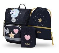 Baagl Schulranzen Mädchen Set 3 Teilig, Ergo Schultasche für 1. Klasse, Ergonomische Grundschule Ranzen Tornister mit Brustgurt (Unicorn Gold)