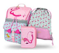 Baagl Schulranzen Mädchen Set 3 Teilig, Zippy Schultasche für 1. Klasse, Grundschule Ranzen Tornister mit Brustgurt, Ergonomischer Schulrucksack (Flamingo)