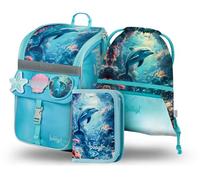 Baagl Schulranzen Mädchen Set 3 Teilig (Zippy Schultasche für 1. Klasse, Mäppchen, Turnbeutel), Grundschule Ranzen Tornister mit Brustgurt, Ergonomischer Schulrucksack, 18 l (Delfin)