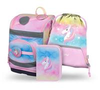 Baagl Schulranzen Mädchen Set 3 Teilig (Zippy Schultasche für 1. Klasse, Mäppchen, Turnbeutel), Grundschule Ranzen mit Brustgurt, Hüftgurt, Ergonomischer Schulrucksack, 21 l (Regenbogen Einhorn)