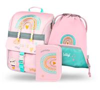 Baagl Schulranzen Mädchen Set 3 Teilig, Zippy Schultasche für 1. Klasse, Grundschule Ranzen Tornister mit Brustgurt, Ergonomischer Schulrucksack (Regenbogen Rosa)