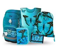 Baagl Schulranzen Mädchen Set 5 Teilig (Airy Plus Schultasche für 1. Klasse, Mäppchen, Turnbeutel, Schürze, Brustbeutel), Grundschule Ranzen, Ergonomischer Schulrucksack, 25 l (Butterfly)