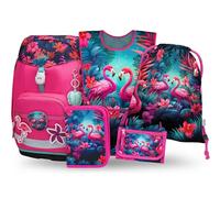Baagl Schulranzen Mädchen Set 5 Teilig (Airy Plus Schultasche für 1. Klasse, Mäppchen, Turnbeutel, Schürze, Brustbeutel), Grundschule Ranzen, Ergonomischer Schulrucksack, 25 l (Flamingo)
