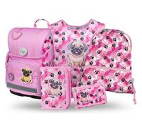 Baagl Schulranzen Mädchen Set 5 Teilig (Ergo Schultasche für 1. Klasse, Mäppchen, Turnbeutel, Schürze, Brustbeutel), Grundschule Ranzen, Ergonomischer Schulrucksack, 19 l (Pfötchen)