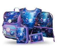 Baagl Schulranzen Mädchen Set 5 Teilig (Ergo Schultasche für 1. Klasse, Mäppchen, Turnbeutel, Schürze, Brustbeutel), Grundschule Ranzen, Ergonomischer Schulrucksack, 19 l (Axolotl)