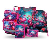 Baagl Schulranzen Mädchen Set 5 Teilig (Ergo Schultasche für 1. Klasse, Mäppchen, Turnbeutel, Schürze, Brustbeutel), Grundschule Ranzen, Ergonomischer Schulrucksack, 19 l (Flamingo)