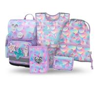 Baagl Schulranzen Mädchen Set 5 Teilig (Ergo Schultasche für 1. Klasse, Mäppchen, Turnbeutel, Schürze, Brustbeutel), Grundschule Ranzen, Ergonomischer Schulrucksack, 19 l (Candy)