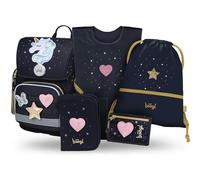 Baagl Schulranzen Mädchen Set 5 Teilig (Ergo Schultasche für 1. Klasse, Mäppchen, Turnbeutel, Schürze, Brustbeutel), Grundschule Ranzen, Ergonomischer Schulrucksack, 19 l (Unicorn Gold)