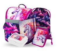 Baagl Schulranzen Mädchen Set 5 Teilig - Schultasche ab 1. Klasse - Grundschule Ranzen mit Brustgurt - Ergonomischer Schulrucksack (Königliches Einhorn)