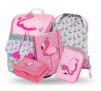 Baagl Schulranzen Mädchen Set 5 Teilig - Schultasche ab 1. Klasse - Grundschule Ranzen mit Brustgurt - Ergonomischer Schulrucksack (Flamingo)