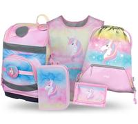 Baagl Schulranzen Mädchen Set 5 Teilig (Zippy Schultasche für 1. Klasse, Mäppchen, Turnbeutel, Schürze, Brustbeutel), Grundschule Ranzen, Ergonomischer Schulrucksack, 21 l (Regenbogen Einhorn)