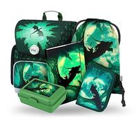 Baagl Schulranzen Set Jungen 5 Teilig, Ergo Schultasche ab 1. Klasse, Ergonomische Grundschule Ranzen mit Brustgurt (Drache)