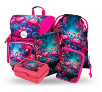 Baagl Schulranzen Set Jungen 5 Teilig, Ergo Schultasche ab 1. Klasse, Ergonomische Grundschule Ranzen mit Brustgurt (Flamingos)
