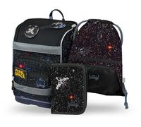 Baagl Schulrucksack Jungen Set 3 Teilig Schultasche 21 l - Pixel Space | Der ergonomische Schulranzen für die 1. Klasse Grundschule bietet einen verstellbaren Brustgurt, Hüftgurt und Turnbeutel.