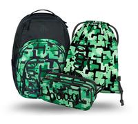 Baagl Schulrucksack Set 3 Teilig, Ergonomischer Großer Rucksack mit Kühlfach für Jungen Mädchen Teenager, Grundschule Ranzen mit Brustgurt und Laptopfach, Daypack 35 l (Green)
