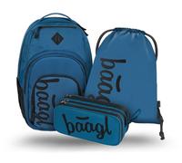 Baagl Schulrucksack Set 3 Teilig, Ergonomischer Großer Rucksack mit Kühlfach für Jungen Mädchen Teenager, Grundschule Ranzen mit Brustgurt und Laptopfach, Daypack 35 l (Ocean Blue)