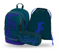 Baagl Schulrucksack Set Jungen 3 Teilig, Ergonomische Schultasche für Grundschule Volksschule, Ranzen mit Brustgurt, 25 l (Logo Blau)