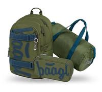 Baagl Schulrucksack Set Jungen 3 Teilig Skateboard Rucksack 25 l - Olive | Schultasche ab 3. Klasse und ergonomischer Schulranzen als Grundschule Ranzen mit Brustgurt entlasten den Rücken für Kinder.