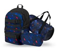 Baagl Schulrucksack Set Jungen 3 Teilig (Skateboard Rucksack, Mäppchen, Sporttasche), Schultasche ab 3. Klasse, Grundschule Ranzen mit Brustgurt, Ergonomischer Schulranzen, 25 l (Indigo)