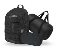 Baagl Schulrucksack Set Jungen 3 Teilig (Skateboard Rucksack, Mäppchen, Sporttasche), Schultasche ab 3. Klasse, Grundschule Ranzen mit Brustgurt, Ergonomischer Schulranzen, 25 l (Uni Schwarz)