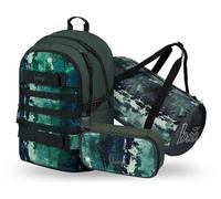 Baagl Schulrucksack Set Jungen 3 Teilig (Skateboard Rucksack, Mäppchen, Sporttasche), Schultasche ab 3. Klasse, Grundschule Ranzen mit Brustgurt, Ergonomischer Schulranzen, 25 l (Forest)