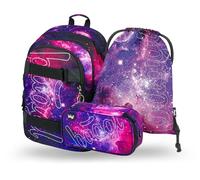 Baagl Schulrucksack Set Jungen Mädchen 3 Teilig, Schultasche ab 3. Klasse, Grundschule Ranzen mit Brustgurt, Ergonomischer Schulranzen (Skate Galaxy)