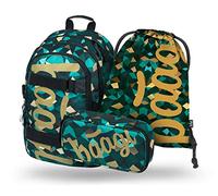 Baagl Schulrucksack Set Jungen Mädchen 3 Teilig, Schultasche ab 3. Klasse, Grundschule Ranzen mit Brustgurt, Ergonomischer Schulranzen (Skate Polygon)