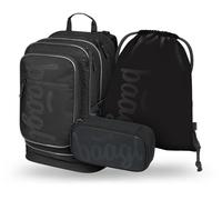 Baagl Schulrucksack Set Jungen Mädchen 3 Teilig Schultasche - Uni Schwarz | Ergonomischer Schulranzen und Grundschule Ranzen mit Brustgurt ab 3. Klasse enthält drei einzeln verschließbare Fächer.