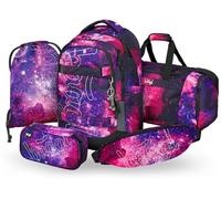 Baagl Schulrucksack Set Jungen Mädchen Teenager 5 Teilig, (Skateboard Rucksack Skate MAX, Mäppchen, Turnbeutel, Sporttasche, Bauchtasche), Ergonomischer Schulranzen, 30 l (Galaxy)