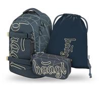 Baagl Schulrucksack Set Jungen Teenager 3 Teilig, Skateboard Rucksack Skate MAX, Schultasche ab 3. Klasse, Grundschule Ranzen mit Brustgurt, Ergonomischer Schulranzen, 30 l (Wave)
