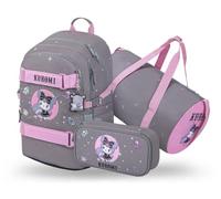 Baagl Schulrucksack Set Mädchen 3 Teilig, Skateboard Rucksack, Schultasche ab 3. Klasse, Grundschule Ranzen mit Brustgurt, Ergonomischer Schulranzen, 25 l (Kuromi Grey)