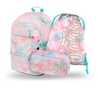 Baagl Schulrucksack Set Mädchen 3 Teilig, Schultasche ab 3. Klasse, Grundschule Ranzen mit Brustgurt, Ergonomischer Schulranzen (Sunset)