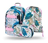 Baagl Schulrucksack Set Mädchen 3 Teilig, Schultasche ab 3. Klasse, Grundschule Ranzen mit Brustgurt, Ergonomischer Schulranzen (Skate Leafs)