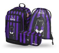 Baagl Schulrucksack Set Mädchen 3 Teilig - Schultasche ab 3. Klasse - Grundschule Ranzen mit Brustgurt - Ergonomischer Schulranzen (Wednesday)