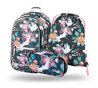 Baagl Schulrucksack Set Mädchen 3 Teilig, Schultasche für Grundschule Volksschule, Grundschule Ranzen mit Brustgurt, Ergonomischer Schulranzen (Birds)